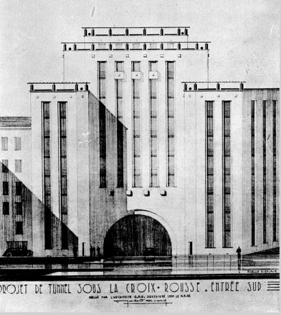 Tunnel de la Croix-Rousse, entrée sud du projet non retenu de Camille Chalumeau et Robert Giroud : photo NB sur plaque de verre (1934, cote : 15PH/1/283, détail)