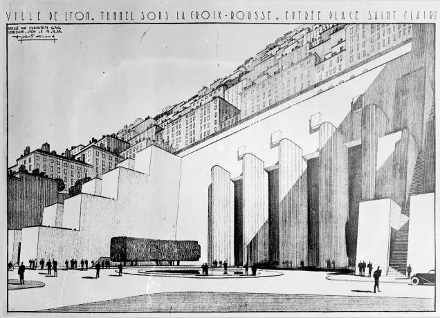 Tunnel de la Croix-Rousse, entrée place Saint-Clair du projet non retenu de Camille Chalumeau et Robert Giroud : photo NB sur plaque de verre (1934, cote : 15PH/1/288)