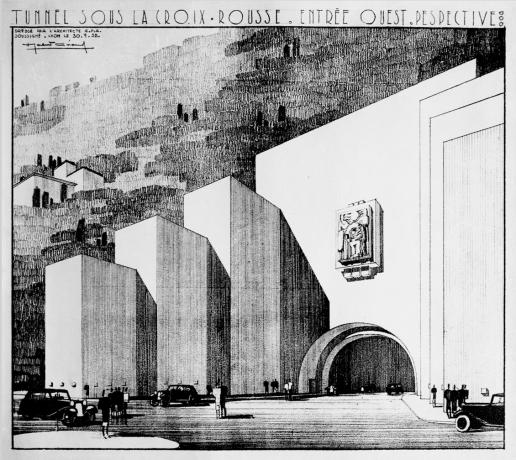 Tunnel de la Croix-Rousse, entrée ouest du projet non retenu de Camille Chalumeau et Robert Giroud : photo NB sur plaque de verre (1934, cote : 15PH/1/289)