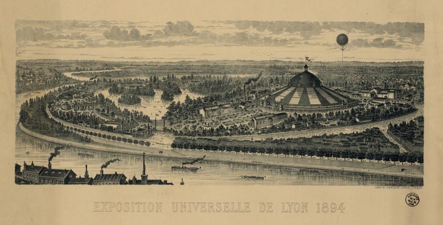Vue d'ensemble de l'exposition de 1894 : eau-forte de B. Arnaud (1894, cote : 16FI/88)