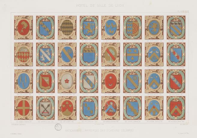 Armoiries des échevins célèbres et des prévôts des marchands : lithographie couleur par A.D. Levie (1867-1870, cote :  1C/450022, pl. 47-48)