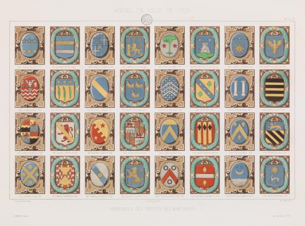 Armoiries des échevins célèbres et des prévôts des marchands : lithographie couleur par A.D. Levie (1867-1870, cote :  1C/450022, pl. 51-52)