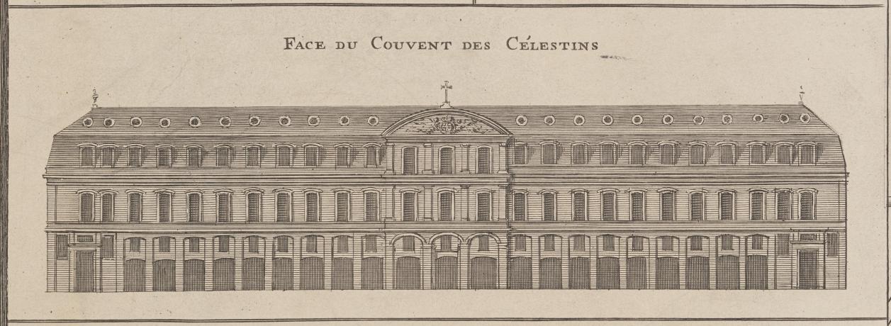 Façade du couvent des Célestins, extr. du plan géométral de la ville de Lyon levé et gravé par Claude Séraucourt (1740, réédition XIXe siècle, cote : 1S/10)