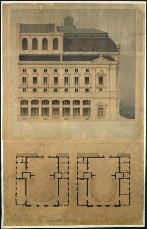 Théâtre des Célestins : élévation de la façade du midi, plan des 1ère et 2e galeries par Gaspard André (vers 1874, cote : 1S/62)