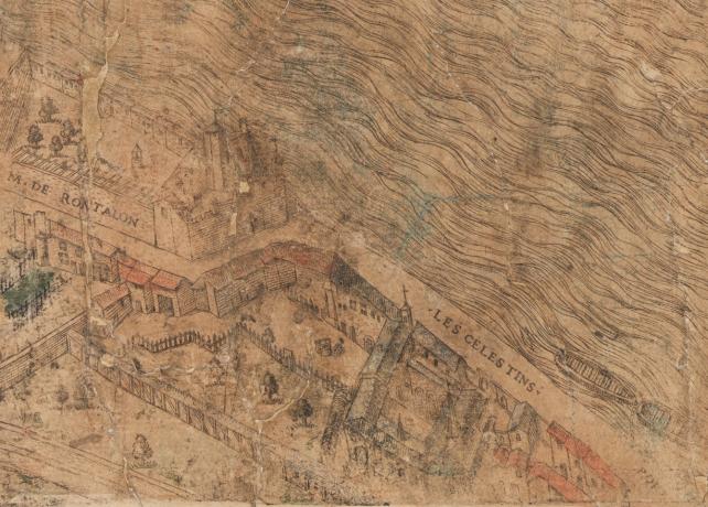 Le couvent des Célestins dans le plan scénographique de Lyon (vers 1550, cote : 2SAT/3, planche 7, détail)