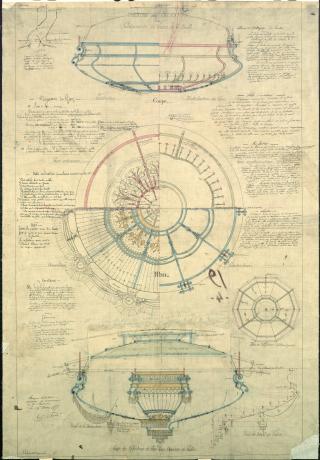 Théâtre des Célestins, commande du lustre de la salle : plans, coupes, profil par Gaspard André (16/03/1877, cote : 2S/483)