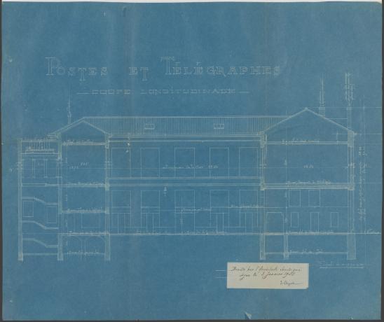 Hôtel des Postes, coupe longitudinale par Jean Clapot, architecte (1905, cote : 314W/237, dossier 11)