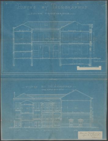 Hôtel des Postes, coupe transversale par Jean Clapot, architecte (1905, cote : 314W/237, dossier 11)