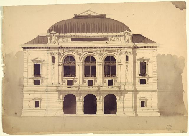 Esquisses pour le théâtre des Célestins lors du concours de 1873 (1er prix), élévation de la façade par Gaspard André (1873, cote : 33II/146)