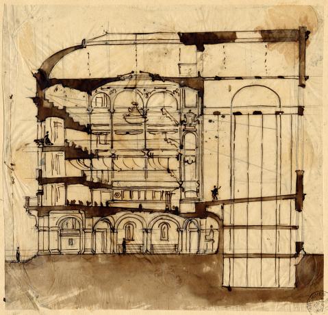 Esquisses pour le théâtre des Célestins lors du concours de 1873 (1er prix), coupe longitudinale par Gaspard André (1873, cote : 33II/149)