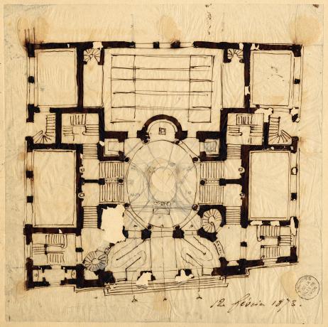 Esquisses pour le théâtre des Célestins lors du concours de 1873 (1er prix), plan du rez-de-chaussée par Gaspard André (12/02/1873, cote : 33II/150)