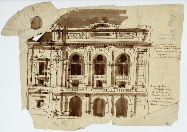 Esquisses pour le théâtre des Célestins lors du concours de 1873 (1er prix), élévation partielle de la façade principale par Gaspard André (1873, cote : 33II/152)