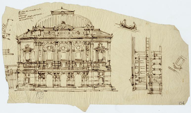 Esquisses pour le théâtre des Célestins lors du concours de 1873 (1er prix), élévation de la façade principale et autres études par Gaspard André (1873, cote : 33II/154)