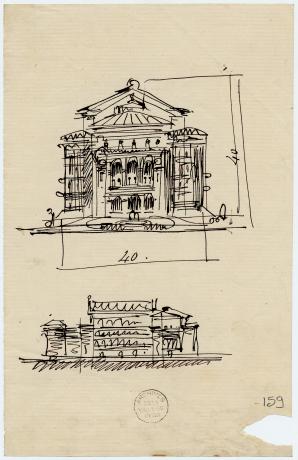 Esquisses pour le théâtre des Célestins lors du concours de 1873 (1er prix), élévation de la façade principale et coupe longitudinale par Gaspard André (1873, cote : 33II/159)