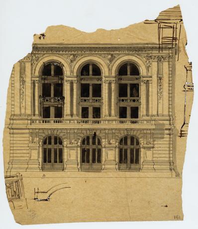 Esquisses pour le théâtre des Célestins lors du concours de 1873 (1er prix), élévation partielle de la façade latérale par Gaspard André (1873, cote : 33II/161)