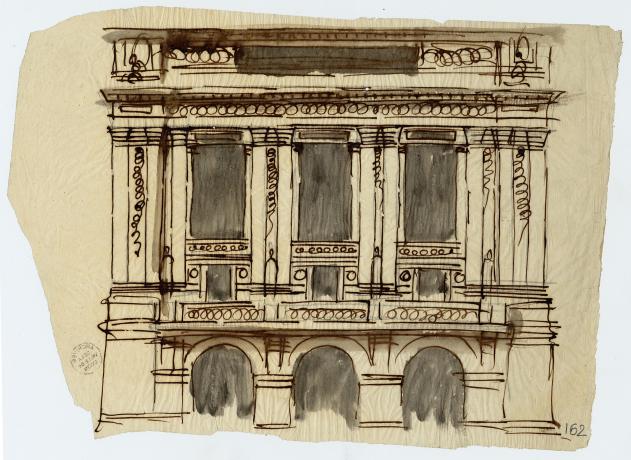 Esquisses pour le théâtre des Célestins lors du concours de 1873 (1er prix), élévation partielle d'une façade par Gaspard André (1873, cote : 33II/162)