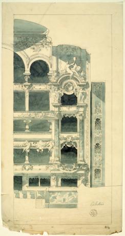 Esquisses pour le théâtre des Célestins lors du concours de 1873 (1er prix), coupe longitudinale montrant les loges par Gaspard André (1873, cote : 33II/164)