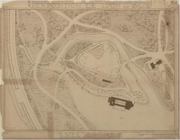 Exposition de Lyon en 1894, vélodrome avec le chalet et la grande piscine : plan imprimé (5/06/1893, cote : 3S/18)
