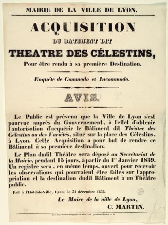Théâtre des Célestins, avis d'acquisition du bâtiment par la Ville de Lyon, affiche (31/12/1838, cote : 480WP/36)