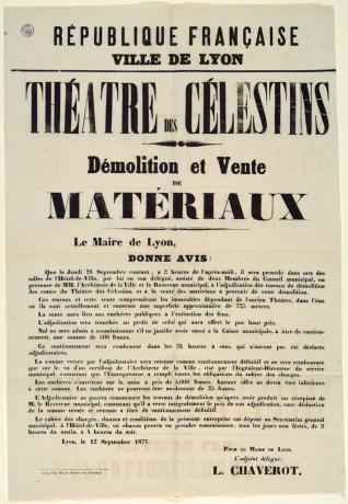 Théâtre des Célestins, démolition et vente de matériaux, affiche (12/09/1871, cote : 480WP/37/6)