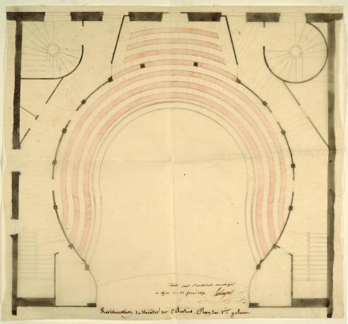 Théâtre des Célestins, restauration : plan des 1ères galeries par Exbrayat (12/02/1850, cote : 480WP/44/8)