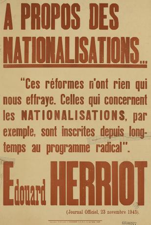 A propos des nationalisations en 1945 : affiche signée par Edouard Herriot (1945, cote : 6FI/6977)
