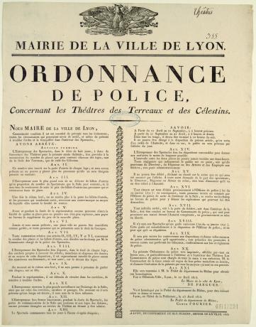 Ordonnance de police concernant les théâtres de Lyon, affiche (25/04/1815, cote : 6FI/18291)