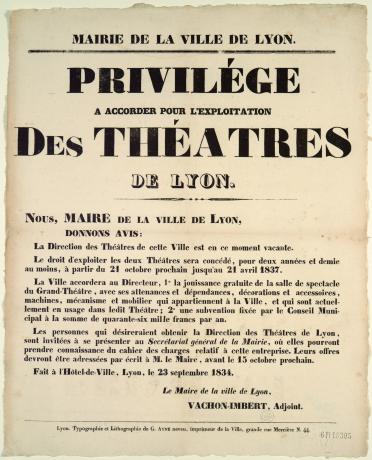 Privilèges à accorder pour l'exploitation des théâtres de Lyon, affiche (23/09/1834, cote : 6FI/18305)