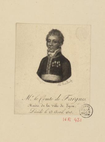 Portrait de Jean Joseph Méallet, comte de Fargues, maire de Lyon : lithographie noir et blanc par Julie Boily (vers 1818, cote : 16FI/431, détail)