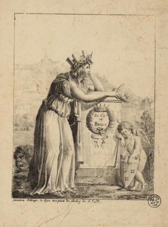 Allégorie sur la mort du comte de Fargues, maire de Lyon : lithographie noir et blanc par Thierriat (vers 1818, cote : 16FI/469, détail)