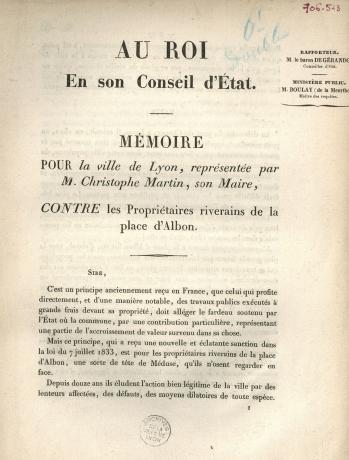 Mémoire pour la ville de Lyon, représentée par M. Christophe Martin, son Maire, contre les propriétaires riverains de la place d'Albon : couverture (1835, cote : 1C/706513)