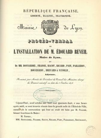 Procès-verbal de l'installation de M. Édouard Réveil, maire de Lyon (9/10/1848, cote : 1C/2232)