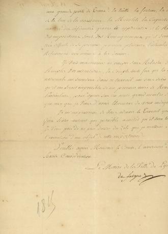 Lettre signée par le comte de Fargues (1815, cote : 1II/469, détail)