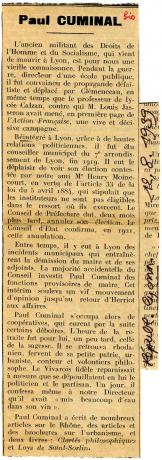 Nécrologie de Paul Cuminal : coupure de presse de la République lyonnaise (12/08/1939, cote : 3C/338)