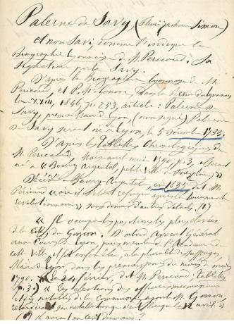 Palerne de Savy : notes biographiques manuscrites à l'encre noire (s.d., cote : 3C/384)