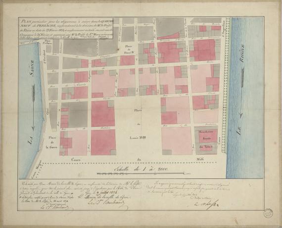 Plan particulier pour les alignements à suivre dans le quartier neuf de Perrache : plume et lavis de couleur (24/02/1824, cote : 3S/151)