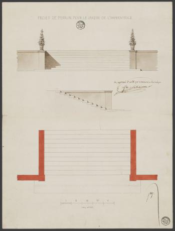 Projet de perron pour le jardin de l'Impératrice [à Lyon] : plan, coupe et élévation par Gay, signés par Fay de Sathonay (s.d., cote : 3S/1516)