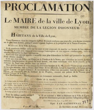 Proclamation de Nicolas Fay de Sathonay en faveur de Napoléon 1er et du cortège du 30/07 : affiche noir et blanc (29/07/1807, cote 936W/1171)