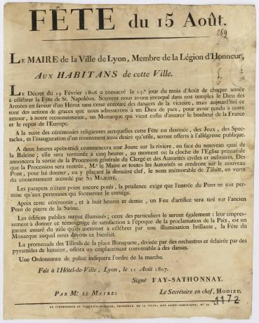 Déclaration de Nicolas Fay de Sathonay, maire de Lyon, pour la fête de Saint Napoléon le 15 août : affiche noir et blanc (11/08/1807, cote : 936W/1172)