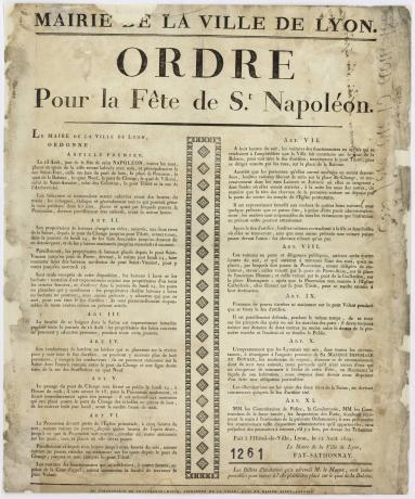 Ordonnance de Nicolas Fay de Sathonay, maire de Lyon, pour la fête de Saint Napoléon le 15 août : affiche noir et blanc (12/08/1809, cote : 936W/1261)