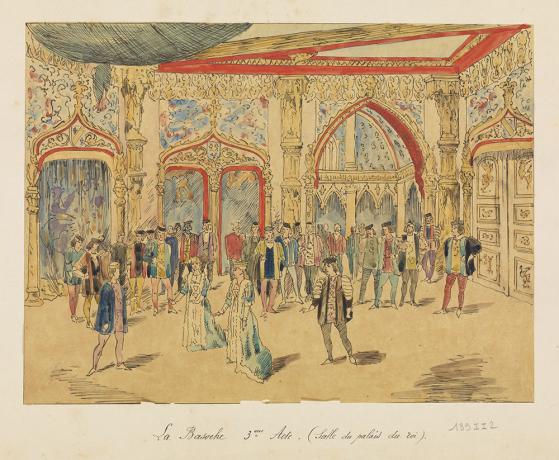 Acte III, La salle du Palais du roi, encre et aquerelle sur calque par Jules Le Goff - 189ii2