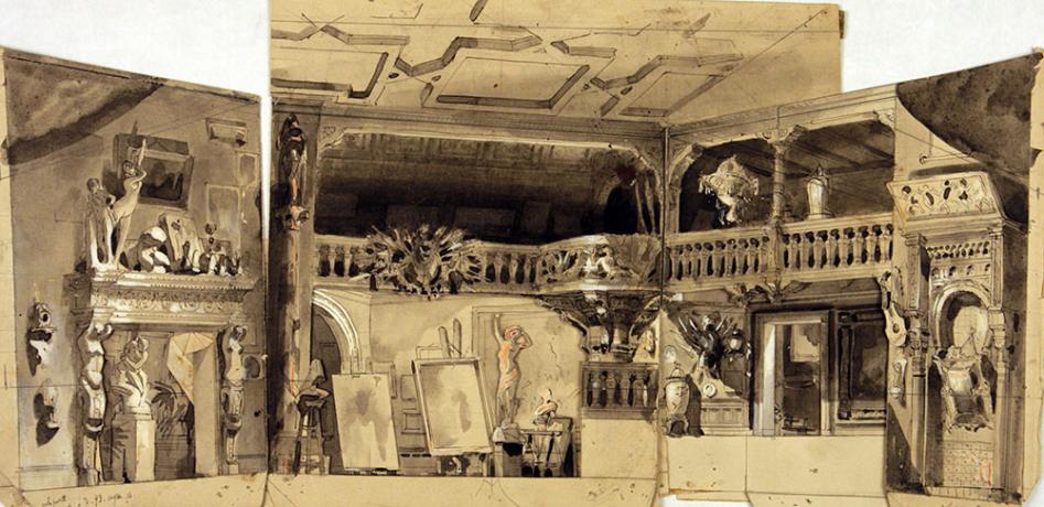 Eléments de décors de maquette en volume, encre et gouache sur carton par Jules Le Goff - 1902- 48fi133