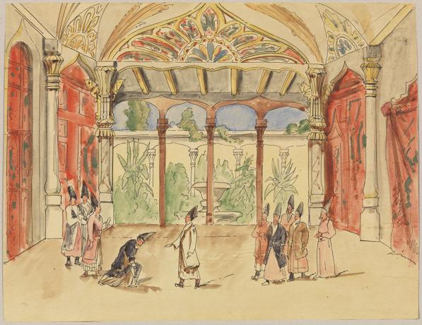 Acte 1, 1er tableau, Blanchard le riche, encre et aquarelle par Jules Le Goff - 1892 - 48fi150