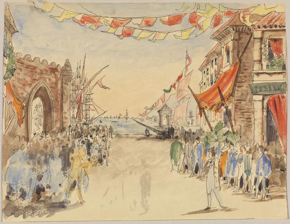 Acte 1, 3e tableau, Le port de Barcelone, encre et aquarelle par Jules Le Goff - 1892 - 48fi150