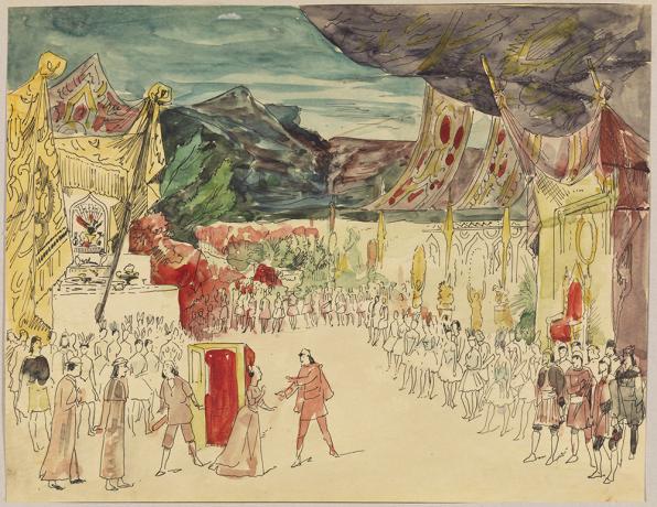 Acte II, 7e tableau, Une fête dans la montagne, encre et aquarelle par Jules Le Goff - 1892 - 48fi150