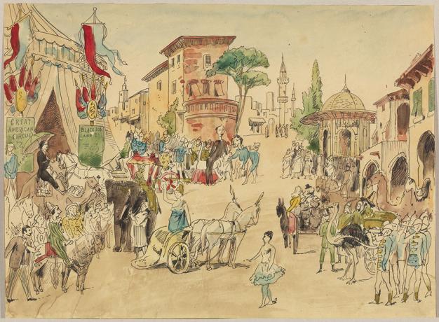 Acte II, 9e tableau, Le foyer du cirque, encre et aquarelle par Jules Le Goff - 1892 - 48fi150
