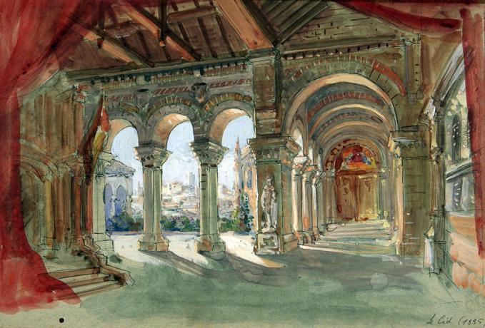 Acte 1, le sacre de Rodrigue, d'après un décor de Carpezat, encre et aquarelle sur calque par Jules Le Goff - 1895 - 48fi25