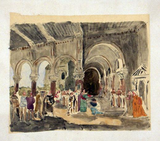 Acte 1, le sacre de Rodrigue, d'après un décor de Carpezat, encre et aquarelle sur calque par Jules Le Goff - 1895 - 48fi25