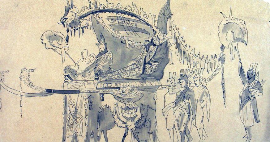 Acte VI, dessin préparatoire de Jules Le Goff ou Jean-Baptiste Genivet, mine de plomb, encre et aquarelle - 48fi2