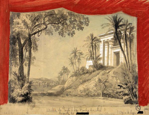 Les bords du Nil, dessin préparatoire de Jules Le Goff ou Jean-Baptiste Genivet, mine de plomb, encre et gouache - 1879 - 48fi3